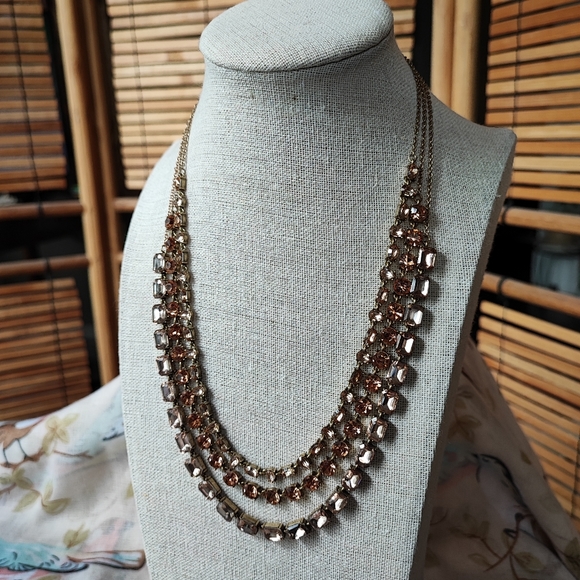 Loft Triple Strand Topaz Peach Emerald Cut Rhinestone Necklace Ann Taylor EUC - Picture 4 of 14